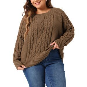 Plus Size Sweater Long Sleeve Crewneck Fisherman Cable Pullover Brown